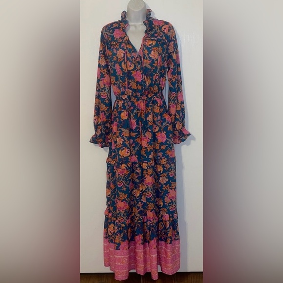 NWT woman’s aBoemo Anthropologie Tiered Maxi Dress Floral Tassel Tie Long Sleeve - Picture 1 of 8